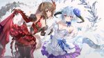  2girls 77gl asymmetrical_clothes bare_shoulders black_thighhighs blue_butterfly blue_flower blue_hair braid braided_ponytail breasts brown_hair bug butterfly cleavage clothes_lift clothing_cutout commentary_request curled_horns dragon_girl dragon_horns dragon_tail dress dress_lift filene_(shadowverse) flower galmieux_(shadowverse) hair_between_eyes hair_flower hair_ornament highres horns large_breasts long_hair looking_at_viewer multiple_girls navel navel_cutout parted_lips pointy_ears purple_eyes red_dress red_eyes shadowverse shadowverse:_worlds_beyond short_hair simple_background standing tail thighhighs white_background white_dress 