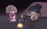  2girls black_hair black_socks blue_eyes blush brown_pants campfire camping_chair chair chopsticks closed_mouth commentary commission english_commentary firewood folding_chair food food_on_head fried_egg green_shirt green_shoes hair_bun highres holding holding_chopsticks instant_noodles jacket lantern multiple_girls mushroom_on_head object_on_head pants pink_jacket shimeji_simulation shirt shoes sitting sitting_on_log skirt socks tent tsukishima_shijima white_skirt yamashita_majime yeolomang 