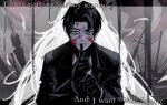  1boy 1girl angelica_(project_moon) axe bags_under_eyes black_eyes black_gloves black_hair black_jacket blood blood_on_clothes blood_on_face commentary english_commentary english_text finger_to_mouth gloves hands_up highres index_finger_raised jacket lance library_of_ruina male_focus necktie planted planted_axe planted_polearm planted_sword polearm project_moon redrawn roland_(project_moon) senranx shirt shushing solo sword upper_body weapon white_shirt 