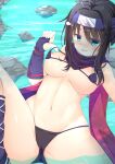  1girl :d absurdres ahoge alternate_costume ankle_lace-up ass_visible_through_thighs bare_shoulders bikini bikini_top_pull black_bikini black_scarf blue_gloves blush breasts breasts_apart cameltoe clothes_pull commentary covered_nipples cowboy_shot day dutch_angle eyes_visible_through_hair fingerless_gloves forehead gloves green_eyes groin hair_between_eyes hand_up highres hitachi_mako large_breasts looking_at_viewer micro_bikini naughty_face navel ninja nipples nose_blush open_mouth outdoors presenting_own_body red_scarf river rock scarf segaxtu senren_banka shiny_skin short_hair_with_long_locks sitting smile solo spread_legs stomach strap_pull swimsuit thighs two-sided_fabric two-sided_scarf water 
