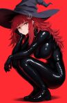  1girl black_bodysuit black_hat bodysuit breasts ear_piercing hand_on_own_chin hat head_rest highres latex latex_bodysuit long_hair looking_at_viewer original piercing red_eyes red_hair shiny_clothes shoes skin_tight solo squatting val_(yan_kodiac) witch_hat yan_kodiac 