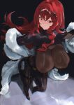  1girl absurdres black_bodysuit bodystocking bodysuit breasts coat commentary cosplay covered_nipples english_commentary fur_coat goddess_of_victory:_nikke hair_between_eyes hair_intakes hair_ornament highres hirosenpai huge_breasts kirijou_mitsuru kirijou_mitsuru_(cosplay) light_smile long_hair looking_at_viewer persona persona_3 rapi_(nikke) rapi_(red_hood)_(nikke) red_eyes red_hair solo standing star_(symbol) star_hair_ornament very_long_hair 