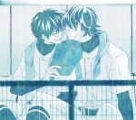  2boys adam's_apple baseball_cap belt buttons closed_eyes closed_mouth commentary_request daiya_no_ace goggles grin hat male_focus miyuki_kazuya multiple_boys pants pants_tucked_in sawamura_eijun short_hair sideburns sitting smile socks suma_(jen-ga) teeth towel towel_around_neck yaoi 