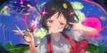  1girl absurdres backpack bag black_hair blood blood_on_clothes blood_on_scissors brown_eyes bruise closed_eyes commentary_request crying crying_with_eyes_open dated finger_gun flower flower_on_head gauze gauze_on_cheek highres holding holding_scissors injury koi_hh kuze_shizuka looking_at_viewer randoseru red_bag scissors shirt short_hair short_sleeves takopii_no_genzai tears white_shirt 