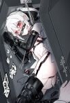  1boy 1other absurdres anal anal_object_insertion ass ball_gag bar_censor bdsm black_bow black_collar blush bondage bondage_mittens bound bound_arms bound_legs bow censored chain chest_strap coffin collar commentary_request dokomilk double-parted_bangs egg_vibrator gag gagged hair_between_eyes hair_bow highres legbinder long_hair lying male_focus male_penetrated motion_lines nipple_clamps nipple_weights nipples nose_blush object_insertion on_side original penis pointy_ears ponytail pov puffy_sleeves red_eyes remote_control_vibrator saliva sex_toy shaking_head sidelocks sweat tearing_up trap urethral_insertion vibrator vibrator_on_penis whip_marks white_hair wiffle_gag wrist_cuffs 