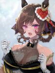  1girl animal_ears bare_shoulders blush braid braided_hair_rings breasts brown_hair commentary_request detached_sleeves dress ear_covers ear_ornament gentildonna_(regina_dei_fiori)_(umamusume) gentildonna_(umamusume) gloves hair_between_eyes hair_ornament hair_rings heart-shaped_ornament heart_ear_ornament highres horse_ears horse_girl large_breasts long_hair looking_at_viewer naenaejkr open_mouth red_eyes see-through_cleavage see-through_clothes solo umamusume upper_body white_gloves 