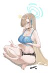  1girl asuna_(blue_archive) barefoot black_shorts blonde_hair blue_archive blue_eyes blue_halo blue_tank_top blush breasts choker cleavage clothes_writing collarbone commentary crossed_legs dolphin_shorts feet full_body grin hair_over_one_eye hair_ribbon halo highres indian_style large_breasts long_hair looking_at_viewer nasknnaskn navel ribbon shorts sitting smile smiley_face soles solo tank_top thighs toes untranslatable_commentary v very_long_hair 