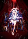  1girl absurdres armpits barefoot blue_flower blue_rose choco_(chocolate_shop) comiket comiket_99 commentary_request dress fate/grand_order fate_(series) flower full_body hair_ornament hand_on_own_head highres long_hair looking_at_viewer melusine_(fate) melusine_(second_ascension)_(fate) official_artist_extra rose sample_watermark single_bare_foot single_thighhigh solo thighhighs toes watermark white_dress white_hair yellow_eyes 