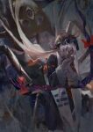  1girl alternate_color alternate_hair_color alternate_skin_color arachne arthropod_girl arthropod_limbs black_dress black_hat black_sclera chinese_commentary closed_mouth colored_sclera commentary_request dark-skinned_female dark_skin dress extra_eyes extra_legs gap_(touhou) grey_hair hat hat_ribbon looking_at_viewer mob_cap monster_girl monsterification multiple_legs own_hands_clasped own_hands_together pointy_ears purple_eyes qin_xin ribbon smile solo spider_girl tabard taur touhou white_tabard yakumo_yukari 