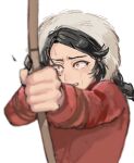  1boy aiming arrow_(projectile) black_hair blurry bow_(weapon) braid brown_eyes commentary_request constricted_pupils crying crying_with_eyes_open depth_of_field drawing_bow fur-trimmed_headwear fur_trim highres holding holding_bow_(weapon) holding_weapon kultukan_(tenmaku_no_jaadugar) nemodayoyo red_shirt shirt single_braid sweatdrop tears tenmaku_no_jaadugar weapon white_background 