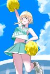  1girl arm_up asymmetrical_sidelocks bike_shorts black_shorts black_socks blonde_hair breasts cheerleader cloud cowboy_shot crop_top earrings egq912 egq912_(artist) furrowed_brow green_eyes green_shirt green_skirt hand_on_own_hip highres indie_virtual_youtuber jewelry leg_up looking_at_viewer medium_breasts midriff miniskirt navel outdoors pleated_skirt pom_pom_(cheerleading) self-portrait shirt shoelaces shoes shorts sidelocks single_earring skirt sky sleeveless socks solo standing standing_on_one_leg swept_bangs thighs two-tone_shirt virtual_youtuber wavy_mouth white_shirt white_shoes 