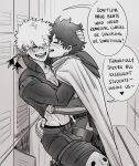  2boys :d against_locker artist_name bakugou_katsuki belt belt_buckle belt_pouch bench biceps blush bodysuit boku_no_hero_academia buckle cape closed_eyes clothes_lift collarbone collared_jacket commentary couple ear_blush english_commentary english_text facing_another feet_out_of_frame finger_under_clothes freckles from_side greyscale hair_over_one_eye hand_on_another's_back hand_on_another's_head hand_on_another's_shoulder hand_under_clothes happy hatching_(texture) heads_together heart high_collar highres indoors jacket jacket_lift knee_pads krystalmelodie leg_between_thighs linear_hatching locker locker_room long_sleeves male_focus midoriya_izuku midriff monochrome multiple_boys multiple_scars nose_blush one_eye_covered open_collar open_locker open_mouth paid_reward_available partially_open_jacket pectoral_cleavage pectorals pouch profile scar scar_on_chest scar_on_face scar_on_hand shadow short_hair smile snap-fit_buckle speech_bubble spiked_hair spoilers spoken_heart talking turning_head typo utility_belt yaoi 