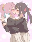  2girls black_hair black_shirt blue_hair blush closed_eyes commentary cowboy_shot drunk from_side gekogekobuhihi hair_ornament hair_scrunchie hairclip highres holding_another's_wrist hozuki_kaede kiss long_hair long_sleeves multicolored_hair multiple_girls onii-chan_wa_oshimai! oyama_mihari pink_background pink_hair pleated_skirt ponytail profile purple_hair school_uniform scrunchie shirt simple_background skirt squeans sweatdrop twintails two-tone_hair white_skirt yellow_scrunchie yuri 