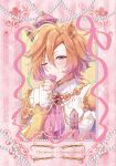  1girl absurdres akari_0313 animal_ears armor blush breasts character_name closed_mouth commentary_request crown gloves hair_between_eyes heart highres horse_ears horse_girl jewelry long_sleeves looking_at_viewer mini_crown necklace orange_hair pearl_necklace pink_crown purple_eyes shirt short_hair shoulder_armor smile solo t.m._opera_o_(o_sole_suo!)_(umamusume) t.m._opera_o_(umamusume) umamusume white_shirt 