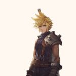 1boy armor belt big_hair black_pants black_shirt blonde_hair blue_eyes brown_belt buster_sword closed_mouth cloud_strife commentary_request final_fantasy final_fantasy_vii gauntlets hair_between_eyes highres huge_weapon jun_(navigavi) lips looking_to_the_side male_focus nose pants pauldrons ribbed_shirt shirt short_hair shoulder_armor simple_background single_pauldron sleeveless sleeveless_turtleneck solo spiked_hair suspenders sword sword_on_back toned toned_male turtleneck turtleneck_shirt weapon weapon_on_back white_background 
