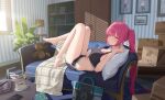  1girl ahoge bag bare_arms bare_legs bare_shoulders black_shorts blanket blush book book_stack box breasts cardboard_box casual cellphone character_name cleavage clock closet collarbone commentary_request couch crop_top cup curtana_(daiblos_core) daiblos_core day digital_clock dolphin_shorts drawer feet from_side full_body hair_intakes hand_on_own_stomach heart heart_ahoge highres indoors knees_up lamp large_breasts legs long_hair looking_at_viewer lying midriff navel on_back on_couch parted_lips phone picture_frame pillow pink_hair plant plate potted_plant shelf short_shorts shorts shoulder_bag smartphone soles solo spoon striped_wall stuffed_animal stuffed_toy sweatdrop table tataki_worker teacup teddy_bear thighs toes twintails vertical-striped_wall very_long_hair window window_blinds wooden_table yellow_eyes 