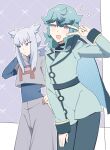  2boys androgynous aqua_cape black_pants black_shirt blue_eyes blue_shirt cape collared_shirt colored_eyelashes commentary_request cropped_shirt green_hair grey_hair grey_jacket grey_pants hand_on_own_hip highres hun_(pokemon) inuyama_sumisu jacket long_hair long_sleeves looking_at_viewer male_focus multiple_boys open_mouth pants pokemon pokemon_(anime) pokemon_(classic_anime) pokemon_horizons red_eyes shirt shirt_under_shirt short_sleeves side_cape sparkle spinel_(pokemon) team_rocket team_rocket_uniform v 