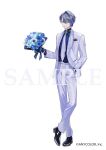  1boy alternate_costume black_shoes blue_eyes blue_flower blue_gem blue_hair blue_ribbon blue_shirt blue_streaks bouquet commentary_request copyright_notice crossed_ankles cuff_links dress_shoes earrings en_(enxxx) eyeshadow flower full_body gem gold_choker grey_hair groom hair_behind_ear hair_between_eyes hand_in_pocket holding holding_bouquet jacket jewelry koyanagi_rou lapels long_sleeves looking_at_viewer makeup male_focus multicolored_eyes multicolored_hair necktie nijisanji official_alternate_costume official_art open_clothes open_jacket oxfords pants parted_lips patterned_clothing pocket_square ribbon sample_watermark shawl_lapels shirt shoes short_hair simple_background smile solo standing streaked_hair suit suit_jacket two-tone_eyes two-tone_hair virtual_youtuber watermark white_background white_flower white_jacket white_necktie white_pants white_suit wingtip_collar yellow_eyes yellow_eyeshadow 