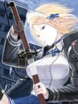  1girl armband armor bad_drawr_id bad_id black_armband black_gloves black_jacket black_thighhighs blonde_hair blue_choker blue_eyes blue_skirt blue_sky breasts building center_frills choker collared_shirt copyright_request day drawing_sword floating_hair frills garter_straps gloves holding holding_sword holding_weapon jacket jewelry large_breasts long_sleeves oekaki open_clothes open_jacket outdoors parted_lips pleated_skirt ring sheath shirt short_hair shoulder_armor single_glove skirt sky solo sukeroku_(treeee) sword thighhighs unsheathing weapon white_shirt 