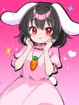  1girl animal_ears blush brown_hair carrot_necklace closed_mouth commentary_request dress floppy_ears gradient_background harakune_(mugennero) inaba_tewi jewelry looking_at_viewer medium_hair necklace pendant pink_background pink_dress rabbit_ears rabbit_girl rabbit_tail red_eyes ribbon-trimmed_dress ribbon-trimmed_sleeves ribbon_trim smile solo tail touhou 