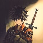  1boy belt belt_buckle black_belt black_eyes black_gloves black_hair buckle collared_jacket commentary_request fantasy gloves hair_between_eyes hands_up highres jacket jun_(navigavi) light_particles making-of_available male_focus no_pupils original parted_lips red_jacket scabbard sheath short_hair solo sword sword_on_back upper_body vambraces very_short_hair weapon weapon_on_back 