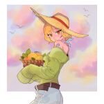  1girl alternate_costume bare_shoulders basket belt bird blue_pants border brown_eyes closed_mouth cloud cloudy_sky denim english_commentary food from_side fruit green_sweater halterneck hat holding holding_basket jeans looking_at_viewer mandarin_orange mozia_(stay18s) nami_(one_piece) off-shoulder_sweater off_shoulder one_piece orange_hair outside_border pants short_hair shoulder_tattoo sky sleeves_past_fingers sleeves_past_wrists solo straw_hat sweater tattoo twitter_username upper_body white_border 