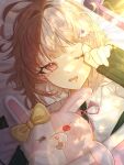  1girl bow brown_hair commentary_request danganronpa_(series) danganronpa_2:_goodbye_despair drooling ear_bow flipped_hair hair_ornament highres jacket kyoko_106 long_sleeves looking_at_viewer medium_hair monomi_(danganronpa) nanami_chiaki neck_ribbon one_eye_closed open_clothes open_jacket pink_eyes pink_ribbon ribbon shirt sleepy smile tearing_up two-tone_shirt white_shirt 