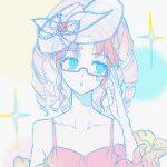  1girl :o adjusting_eyewear bare_shoulders blue_eyes cheek_tattoo chinese_commentary collarbone commentary_request detached_sleeves dot_nose drill_hair eyelashes flower flower_sleeves glasses hand_on_eyewear hat hat_flower high_ponytail highres jigsaw_puzzle long_hair looking_to_the_side mini_hat nikki_(series) open_mouth parted_bangs pink_hair pink_hat pink_sleeves pink_tank_top ponytail puzzle red-framed_eyewear red_flower see-through_clothes see-through_headwear semi-rimless_eyewear shining_nikki sidelocks solo spaghetti_strap sparkle stylist_(nikki) tank_top tareme tattoo under-rim_eyewear upper_body wavy_hair white_background yinxingmaiming_de_tongren_nu_1314 