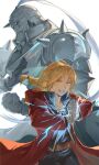  2boys absurdres alphonse_elric armor blonde_hair clenched_hand commentary_request edward_elric electricity electrokinesis full_armor fullmetal_alchemist highres living_armor long_hair multiple_boys own_hands_together sb8496shibainu 