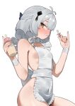  1girl antenna_hair apron baby_bottle blush bottle breasts commentary covered_navel dracaene_sunbringer flasso frilled_apron frills grey_hair hair_over_one_eye highres holding_pacifier looking_at_another looking_at_viewer motherly naked_apron pacifier simple_background small_breasts smile solo twintails white_apron white_background yellow_eyes zenless_zone_zero 