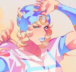  1boy arm_warmers beanie blonde_hair blue_arm_warmers blue_eyes blue_hat blue_lips blue_nails blue_sleeves commentary cropped delicourse english_commentary hat heart_ornament highres hood hood_down hoodie horseshoe horseshoe_hat_ornament horseshoe_ornament index_finger_raised johnny_joestar jojo_no_kimyou_na_bouken looking_at_viewer makeup male_focus medium_hair nail_polish pointing pointing_up short_sleeves solo star_(symbol) star_print steel_ball_run two-tone_sleeves upper_body white_hoodie white_sleeves 
