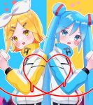  2girls @_(symbol) aqua_eyes aqua_hair blonde_hair bow commentary_request cup double_bun fang hair_bow hair_bun hair_ornament hairclip hatsune_miku heart highres holding holding_cup ichigo_daifuku_(ichigo1923) jacket kagamine_rin long_hair looking_at_viewer marking_on_cheek multiple_girls nee_nee_nee._(vocaloid) open_mouth parallel_hairclips string string_of_fate string_phone track_jacket twintails vocaloid white_bow yellow_eyes 