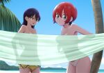  2girls amate_yuzuriha bikini blue_eyes blue_sky breasts closed_mouth clothes_pull collarbone commentary_request day green_eyes gundam gundam_gquuuuuux hair_between_eyes highres long_hair medium_breasts multiple_girls nyaan_(gundam_gquuuuuux) ogry_ching one-piece_swimsuit one-piece_swimsuit_pull outdoors palm_tree parted_lips partial_commentary purple_hair red_hair short_hair sky small_breasts swimsuit towel transparent tree undressing very_long_hair water white_bikini yellow_one-piece_swimsuit 