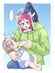 +_+ 2girls aged_down aqua_eyes baby bib blue_hair blue_pants blush bottle commentary cuddling feeding green_jacket grey_hair jacket jumpsuit love_live! love_live!_sunshine!! mask matsuura_kanan milk_bottle multiple_girls pants ponytail sakurauchi_riko short_hair signature simple_background time_paradox ukakoro2132 untranslatable_commentary watanabe_you white_jumpsuit 