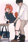  1boy 1girl absurdres ahoge animal_ear_fluff animal_ears aqua_hoodie ass ass_ripple bag black_hair black_socks bow bowtie braid breasts cleavage clothed_sex clothes_lift clothes_pull commentary_request condom condom_packet_strip condom_wrapper crown_braid desk ear_piercing extra_ears from_side gedoku glasses grey_skirt hair_ornament hairclip hand_on_own_face heart heavy_breathing hetero highres hood hoodie jacket jacket_over_hoodie large_breasts leaning_forward light_blush loafers long_sleeves looking_back motion_lines narrowed_eyes nijisanji open_mouth orange_eyes orange_hair orange_hoodie panties panties_around_knees pants pants_around_ankles pants_pull panty_pull piercing plaid_clothes plaid_skirt pleated_skirt ratna_petit ratna_petit_(5th_costume) red_bow red_bowtie red_panda_ears red_panda_girl red_panda_hair_ornament red_panda_tail school_bag school_desk school_uniform sex sex_from_behind shirt shoes simple_background skirt skirt_lift smile socks standing standing_doggystyle standing_sex striped_tail sweat tail textless_version thighs tongue twitching underwear used_condom virtual_youtuber white_shirt 