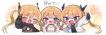  1girl :3 absurdres age_progression aged_down arm_up arms_up bandaid bandaid_on_arm bandaid_on_face black_bodysuit black_gloves black_jacket blonde_hair blue_eyes blue_gloves blush bodysuit bruise bruised_eye chibi closed_eyes commentary double-parted_bangs double_v english_commentary english_text fang gloves goddess_of_victory:_nikke grey_bodysuit highres hood hooded_jacket injury jacket laplace_(nikke) laplace_(ultimate_hero)_(nikke) laplace_(ultimate_hero)_(prototype_hero)_(nikke) long_hair looking_at_viewer mechanical_hair_ornament mming_(mmingis18) multicolored_gloves open_mouth red_gloves shirt skin_fang sleeveless sleeveless_shirt smile solo spaghetti_strap sparkle twintails upper_body v white_background white_jacket white_shirt 
