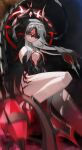  1girl absurdres arm_up attacking_viewer ball_and_chain_(weapon) black_veil blindfold body_markings breasts chain cleavage commentary covered_eyes dark_background dragonsword:_awakening eye_mask feet_out_of_frame gloves halo highres holding holding_above_head holding_weapon horns k_kiung large_breasts leg_up lips mask motion_blur overhead_swing pantyhose parted_lips simple_background single_leg_pantyhose solo spiked_ball_and_chain theresia_(dragonsword:_awakening) torn_clothes torn_pantyhose veil weapon white_hair white_veil 