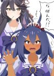  2girls absurdres animal_ears bandaid bandaid_on_face bandaid_on_nose black_hair blue_hair blush bow breasts closed_mouth commentary_request dark-skinned_female dark_skin ear_ornament fangs hair_between_eyes hair_ornament highres hishi_amazon_(umamusume) horse_ears horse_girl horseshoe long_hair looking_at_another looking_at_viewer mouth_hold multiple_girls narita_brian_(umamusume) purple_bow purple_shirt red_eyes rope school_uniform shimenawa shirt short_sleeves simple_background smile stalk_in_mouth summer_uniform tracen_school_uniform umamusume white_background yae_rinha yellow_eyes 