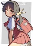 1girl arched_back ascot backpack bag black_hair blush border bright_pupils closed_mouth commentary_request cowboy_shot dress grey_background grey_shoes hair_bobbles hair_intakes hair_ornament highres kaai_yuki long_hair looking_at_viewer looking_to_the_side low_twintails outside_border pinafore_dress pleated_dress randoseru red_ascot red_bag red_dress shirt shoes short_dress short_sleeves simple_background sleeveless sleeveless_dress socks solo tetenka twintails twitter_username vocaloid white_border white_pupils white_shirt white_socks yellow_eyes 