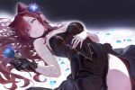  1girl bare_legs bare_shoulders bed_sheet black_dress black_flower black_gloves black_rose blue_flower blue_petals blue_rose breasts ceres_(shingeki_no_bahamut) choker commentary_request cone_hair_bun cowboy_shot dress earrings flower flower_choker gloves glowing glowing_eyes haguremaigo hair_bun hair_ornament hand_on_own_stomach jewelry looking_at_viewer lying nail_polish on_back petals purple_eyes red_hair rose shadowverse single_glove solo stitched_arm stitched_face stitches stud_earrings 