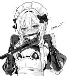  1boy apron belt_collar bikini bit_gag black_bow blush bound bound_wrists bow chain clenched_hand collar commentary_request crossdressing crossdressing_(mtf) dokomilk double-parted_bangs elbow_gloves flying_sweatdrops frilled_apron frilled_bikini frills gag gagged gloves greyscale hair_between_eyes hair_bow hair_intakes hands_up highres latex latex_gloves looking_at_viewer maid_apron maid_headdress male_focus medium_hair micro_bikini monochrome nipple_cutout nipples original puffy_short_sleeves puffy_sleeves saliva saliva_trail short_sleeves shrug_(clothing) sidelocks simple_background solo swimsuit translation_request trap upper_body white_background wrist_cuffs 