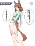  1girl animal_ears aqua_shirt belt blush commentary ear_ornament ear_scrunchie hair_ornament hairclip highres horse_ears horse_girl horse_tail light_hello_(umamusume) lighthalo0324 long_skirt looking_at_viewer medium_hair pink_belt shirt skirt solo tail translated umamusume 