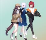  3girls ange_katrina ange_katrina_(casual) animal_ears aqua_background baseball_cap black_choker black_jacket black_pants black_skirt black_socks black_sweater blue_dress blue_eyes blue_hair blush braid brown_hair brown_hat brown_jacket brown_tail choker closed_eyes dog_ears dog_girl dog_tail dress ears_down full_body gradient_background gradient_eyes gradient_hair grey_hoodie hair_between_eyes hair_ornament hair_over_shoulder hairclip hana_mori hand_up hat high-waist_pants highres hood hood_down hoodie inui_toko inui_toko_(hoodie) jacket lize_helesta lize_helesta_(space_dress) long_hair long_sidelocks long_sleeves looking_at_another medium_dress medium_hair miniskirt multicolored_eyes multicolored_hair multiple_girls nijisanji off_shoulder official_art open_clothes open_jacket open_mouth orange_jacket pants parted_lips pinafore_dress pleated_skirt puffy_long_sleeves puffy_sleeves purple_eyes red_hair sanbaka_(nijisanji) second-party_source see-through_clothes see-through_skirt_layer shirt shoes sidelocks simple_background single_hair_intake skirt sleeveless sleeveless_dress sleeves_past_wrists smile sneakers socks sweater sweater_under_dress tail three-quarter_sleeves torn_clothes torn_pants turtleneck turtleneck_sweater two-sided_fabric two-sided_jacket virtual_youtuber walking white_hair white_shirt white_shoes white_socks 