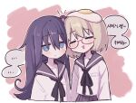  ... 2girls :d black_hair black_neckerchief black_sailor_collar blonde_hair blue_eyes closed_eyes commentary_request food food_on_head fried_egg half-closed_eyes korean_text long_hair multiple_girls mushroom mushroom_on_head neckerchief object_on_head pleated_skirt red-framed_eyewear sailor_collar school_uniform shimeji_simulation shirt short_hair skirt smile speech_bubble translated tsukishima_shijima white_background white_shirt yamashita_majime yeolomang 