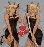  1girl absurdres animal_ears antlers between_breasts black_dress blonde_hair blue_eyes blue_horns blue_lips blue_nose breasts carol_holiday cleavage commission commissioner_upload dakimakura_(medium) deer_antlers deer_ears deer_girl deer_tail deltarune double_dakimakura_(medium) dress freckles furry furry_female glaring glasses heart heart-shaped_pillow highres holding holding_sword holding_weapon horns jewelry katana light_smile looking_at_viewer mature_female mole mole_on_breast necklace pearl_necklace pillow short_hair sword sword_between_breasts tail utdr_(toby_fox) uvitamint weapon weapon_between_breasts 