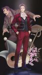  2boys ace_attorney ascot black_background black_hair black_vest blue_badger brown_coat checkered_floor closed_mouth coat collared_shirt commentary_request dick_gumshoe facial_hair flower goatee_stubble grey_hair hands_in_pockets highres hzi4h9 jacket long_sleeves male_focus mascot_head miles_edgeworth multiple_boys necktie open_mouth pants pencil_behind_ear pink_flower red_jacket red_necktie red_pants running shirt short_hair standing stubble translation_request vest white_ascot 
