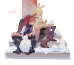  2girls animal_ears black_boots black_pants black_shorts blonde_hair boots bow brown_boots brown_gloves coat commentary_request dated drill_hair food food_in_mouth gloves grabbing_another's_ear hair_bow hand_on_another's_ear highres jacket kemonomimi_mode kyubey long_hair looking_at_another mahou_shoujo_madoka_magica mahou_shoujo_madoka_magica_(anime) multiple_girls pants pocky pocky_in_mouth purple_jacket purple_socks red_hair sakura_kyoko shorts sitting sitting_on_stairs snow snowman socks stairs sweater tomoe_mami twin_drills white_background white_sweater winehusk yellow_coat 