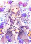  1girl bare_shoulders blush braid breasts chromatic_aberration cleavage closed_mouth commentary detached_sleeves dress emilia_(re:zero) flower long_hair looking_at_viewer lying on_back petals purple_eyes purple_flower purple_hair re:zero_kara_hajimeru_isekai_seikatsu solo thighhighs white_dress zenyu 