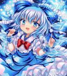  1girl blue_background blue_bow blue_eyes blue_flower blue_hair blue_rose blue_skirt blue_wrist_cuffs blush bow bowtie cirno collared_shirt commentary_request cryokinesis detached_wings flower frilled_skirt frills hair_bow hair_flower hair_ornament ice ice_wings looking_at_viewer marker_(medium) medium_hair open_mouth puffy_short_sleeves puffy_sleeves red_bow red_bowtie rose rui_(sugar3) sample_watermark shirt short_sleeves skirt smile solo touhou traditional_media watermark white_shirt wings wrist_cuffs 