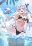  1girl absurdres ahoge aokumo_rin bare_shoulders bikini black_bikini blue_hair blue_sky blush breasts choker cleavage cloud collarbone colored_inner_hair commentary day english_commentary front-tie_bikini_top front-tie_top grey_choker hair_intakes hair_rings hatae0226_(hty) highres jacket kurimi_(aokumo_rin) large_breasts layered_bikini lens_flare light_particles long_hair looking_at_viewer midair multicolored_hair navel ocean off_shoulder open_clothes open_jacket open_mouth palm_tree sideboob sidelocks single_hair_ring sky sleeves_past_wrists smile soaking_legs solo splashing standing stellive stomach streaked_hair sunlight swim_ring swimsuit teeth thighs tree underboob upper_teeth_only very_long_hair virtual_youtuber water water_drop wet white_hair white_jacket 